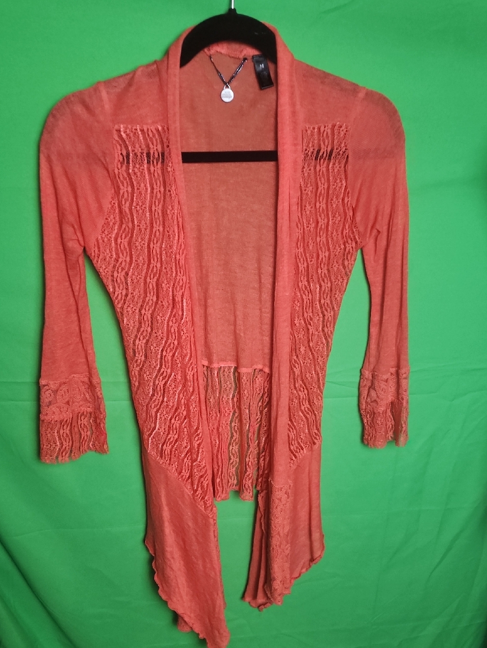 BKE Boutique Coral Open-Front Lace Trim Cardigan Sweater Medium